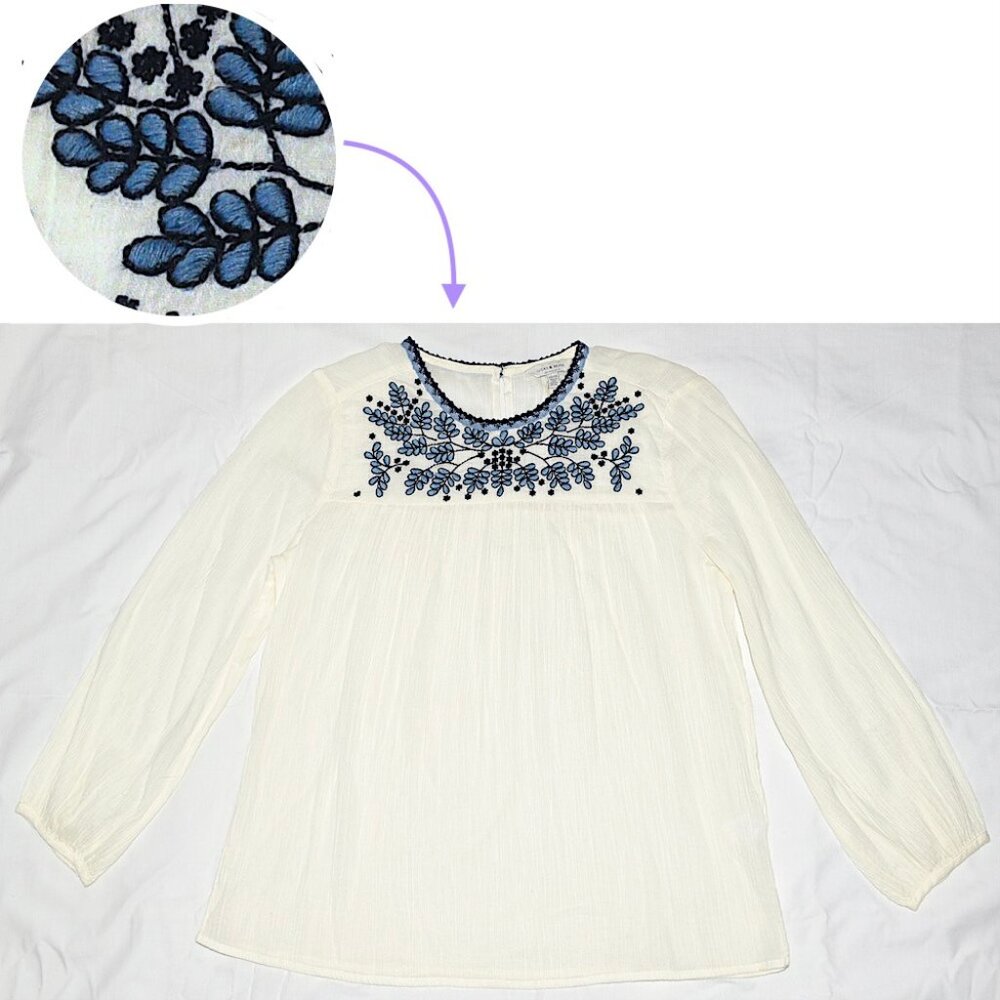 NWT Lucky Brand Boho Plisse Cream Blouse with Embroidery
